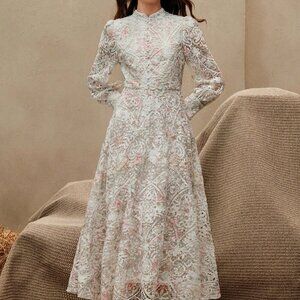 Multicolor Elegant Women's Watercolor Patchwork Embroidered A-Line Dress